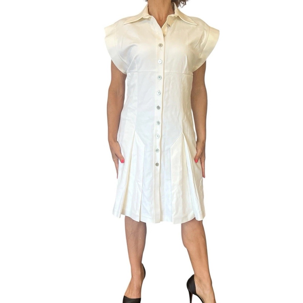 VINTAGE  JEAN-LOUIS SCHERRER FRANCE DRESS IVORY A LINE  COTTON BUTTON FRONT‎ 38